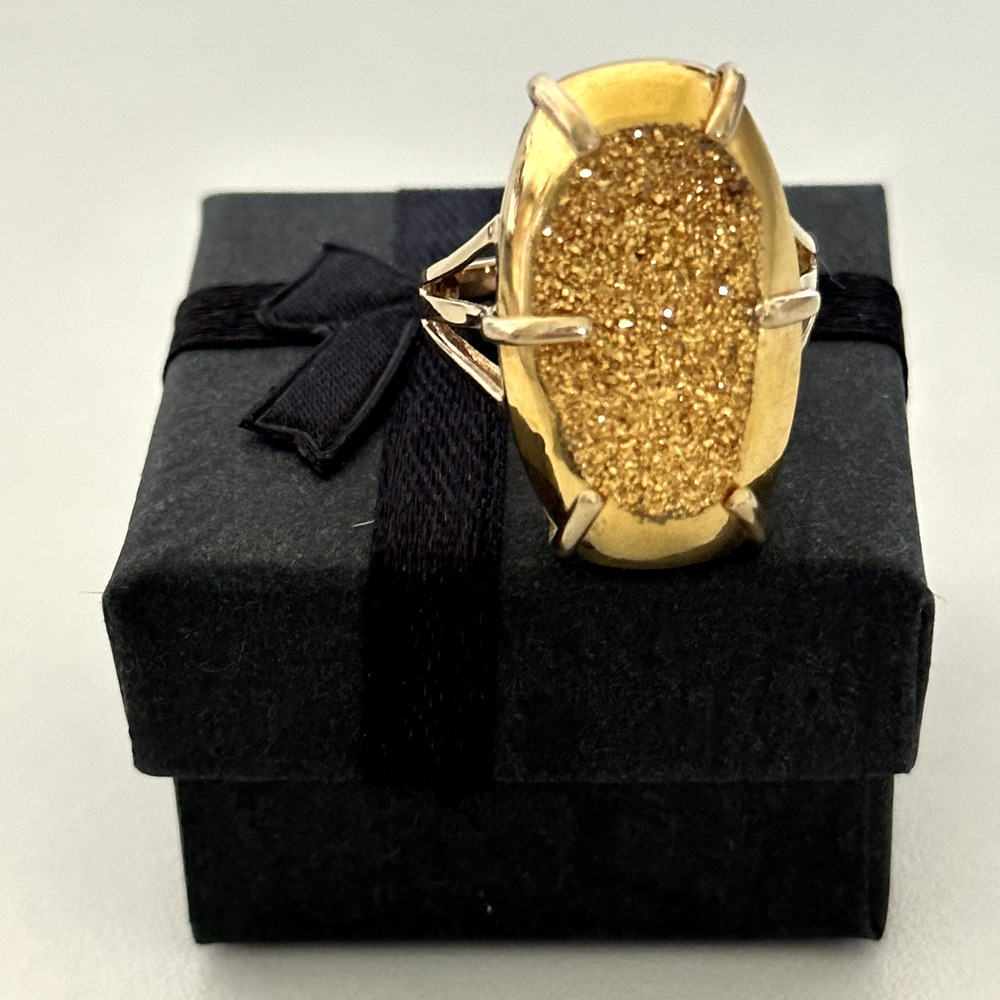 10K Yellow Gold Large Golden Druzy Quartz Big Statement Band Ring Size 8